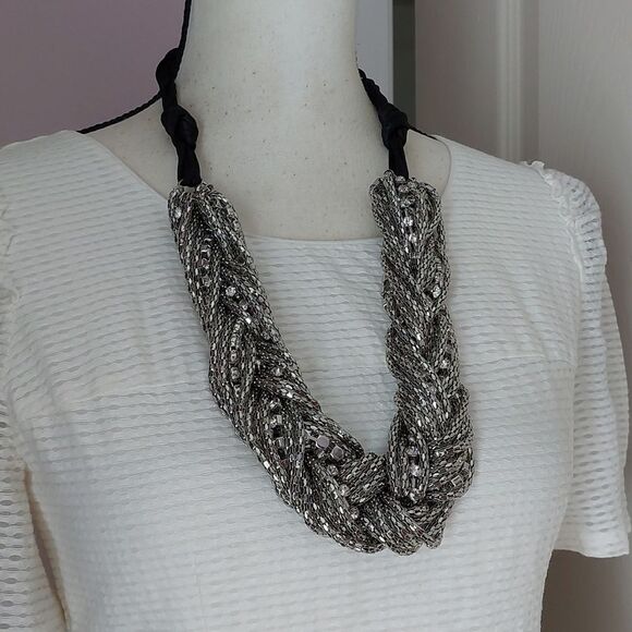 Chico's Chunky Braided Silver Tone Mesh Chains and Rhinestones Strands Necklace - Picture 3 of 7
